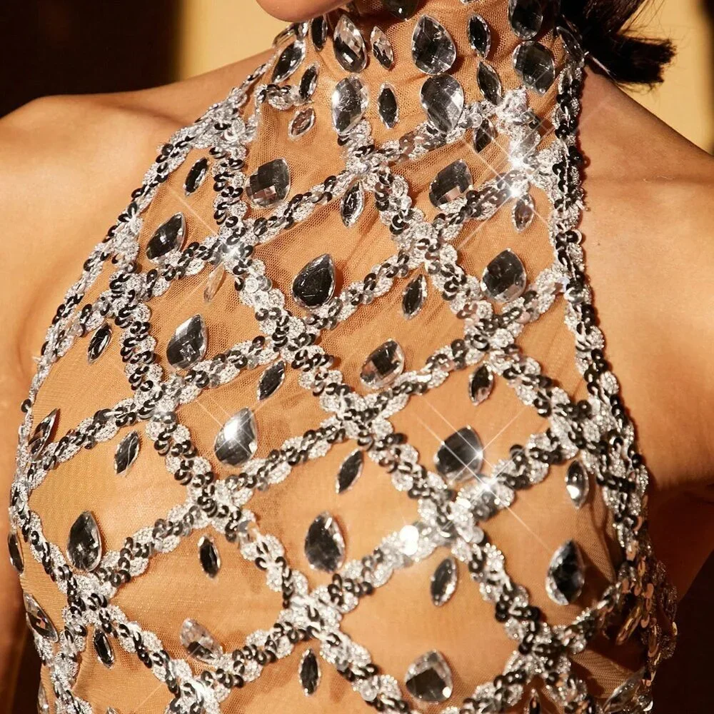 White Party Women's Sequin Rhinestone Diamond Mesh Backless Halter Crop Top - Picture 3 of 7